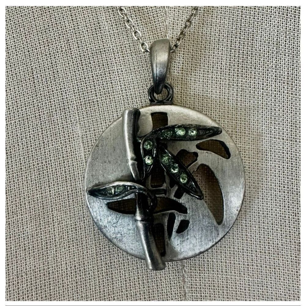 Silver-Tone Bamboo & Leaf Medallion Pendant Necklace Green Rhinestones